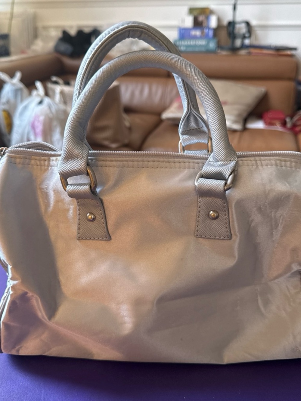 Women's Metallic Light Silver Tote Bag with Double Handles